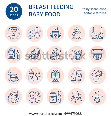 Modern vector line icon of breastfeeding, baby infant food. Motherhood elements - breast pump, woman, child, powdered milk, bottle sterilizer. Motherhood pictogram with editable stroke