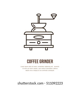Modern vector line icon of coffee grinder. Barista equipment linear logo. Outline symbol for cafe, bar, shop. 
