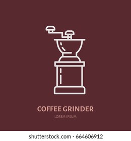 Modern vector line icon of coffee grinder. Barista equipment linear logo.