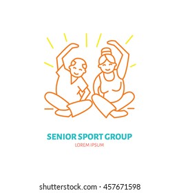 Modern vector line icon of gymnastics. Senior sport group linear logo. Outline symbol for elderly leisure. Old men fitness design element for sites, clubs. Health care logotype, sport sign.