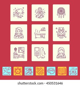 Modern vector line icon of insomnia problem and healthy sleep. Elements - clock, pillow, pills, dream catcher, counting sheep. Linear pictogram with editable stroke for sites, brochures