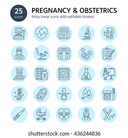 Modern vector line icon of pregnancy planning and obstetrics. Gynecology elements - chair, tests, doctors, sonogram, baby, pregnancy gadgets. Obstetrics design element for sites, hospitals, clinics.