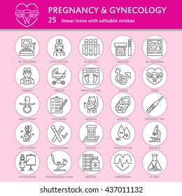 Modern vector line icon of pregnancy planning and obstetrics. Gynecology elements - chair, tests, doctors, sonogram, baby, pregnancy gadgets. Gynecology linear icons with editable stroke.