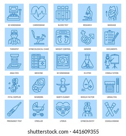 Modern vector line icon of pregnancy and obstetrics. Gynecology elements - chair, tests, doctors, sonogram, baby,  gadgets. Linear icons with editable stroke.