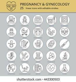 Modern vector line icon of pregnancy and obstetrics. Gynecology elements - chair, tests, doctors, sonogram, baby,  gadgets. Linear icons with editable stroke.