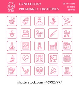 Modern vector line icon of pregnancy management and obstetrics. Gynecology elements - chair, tests, doctors, sonogram, baby, pregnancy gadgets. Obstetrics design element for sites, hospitals, clinics.