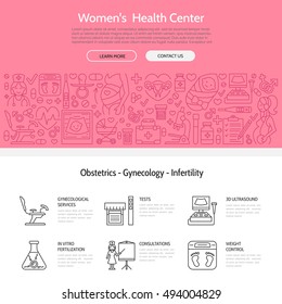 Modern Vector Line Icon Of Pregnancy, Fertility, Obstetrics. Women Health Center. Gynecology Element: Chair, Check Up, Doctor, Ultrasound, Baby, Pregnant. Linear Medical Template For Brochure, Poster.