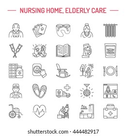 Modern vector line icon of senior and elderly care. Nursing home elements - old people, wheelchair, leisure, hospital call button. Linear pictogram with editable stroke for sites, brochures.