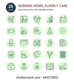 Modern vector line icon of senior and elderly care. Nursing home elements - old people, wheelchair, leisure, hospital call button, medicines. Linear pictogram with editable stroke for sites, brochures