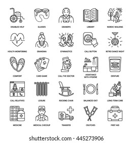 Modern Vector Line Icon Of Senior And Elderly Care. Nursing Home Elements - Old People, Wheelchair, Leisure, Hospital Call Button, Medicines. Linear Pictogram With Editable Stroke For Sites, Brochures