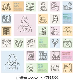 Modern Vector Line Icon Of Senior And Elderly Care. Nursing Home Elements - Old People, Wheelchair, Leisure, Hospital Call Button, Leisure. Linear Template For Sites, Brochure Poster. Editable Stroke.