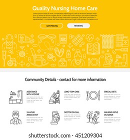 Modern Vector Line Icon Of Senior And Elderly Care. Nursing Home Elements - Old People, Wheelchair, Leisure, Hospital Call Button, Leisure. Linear Template For Site, Brochure, Poster. Editable Stroke.