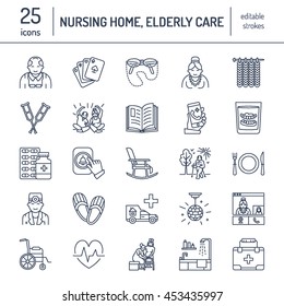 Modern vector line icon of senior and elderly care. Nursing home elements - old people, wheelchair, leisure, hospital call button. Linear pictogram with editable stroke for sites, brochure.