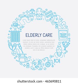 Modern vector line icon of senior and elderly care. Medical poster template with illustration  of old people, wheelchair, leisure, hospital call button. Linear banner with editable stroke.