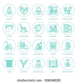 Modern Vector Line Icon Of Senior And Elderly Care. Nursing Home Elements - Old People, Wheelchair, Leisure, Hospital Call Button, Activity, Doctor. Linear Pictogram For Sites, Brochure, Clinic