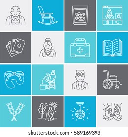 Modern vector line icon of senior and elderly care. Nursing home elements - old people, wheelchair, leisure, hospital call button, activities. Linear pictogram with editable stroke for site, brochure