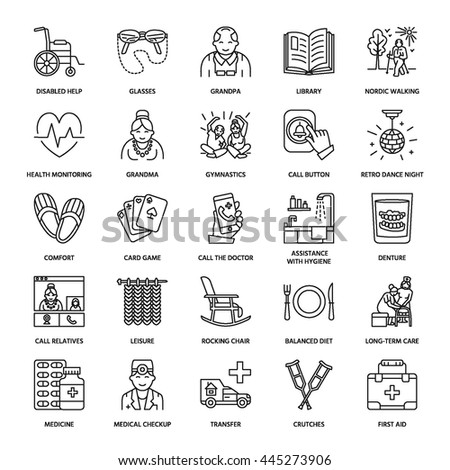 Modern vector line icon of senior and elderly care. Nursing home elements - old people, wheelchair, leisure, hospital call button, medicines. Linear pictogram with editable stroke for sites, brochures