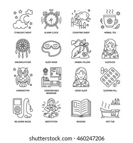 Modern vector line icon of sleepless and healthy sleep. Elements - clock, pills, dream catcher, counting sheep. Linear pictogram with editable stroke for sites, brochures about insomnia problem