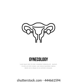 Modern vector line icon of uterus. Gynecology clinic linear logo. Outline symbol for polyclinics. Obstetrics design element for sites, hospitals. Medical business logotype, reproduction sign.