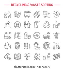 Modern vector line icon of waste sorting, recycling. Garbage collection. Recyclable trash- paper, glass, plastic, metal. Linear pictogram with editable stroke for brochure of waste management