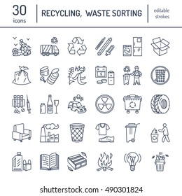 Modern vector line icon of waste sorting, recycling. Garbage collection. Recyclable trash - paper, glass, plastic, metal. Linear pictogram with editable stroke for poster, brochure of waste types.