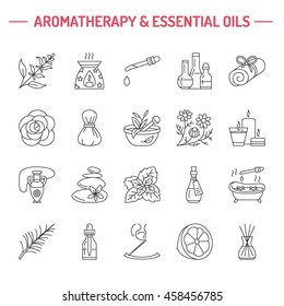 Modern vector line icons of aromatherapy and essential oils. Elements - diffuser, oil burner, spa candles, incense sticks. Linear pictogram with editable strokes for salon.