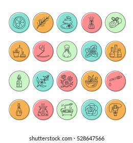 Modern vector line icons of aromatherapy and essential oils. Elements - diffuser, oil burner, candles, incense sticks. Linear pictogram with editable strokes for spa salon.