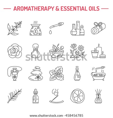 Modern vector line icons of aromatherapy and essential oils. Elements - diffuser, oil burner, spa candles, incense sticks. Linear pictogram with editable strokes for salon.