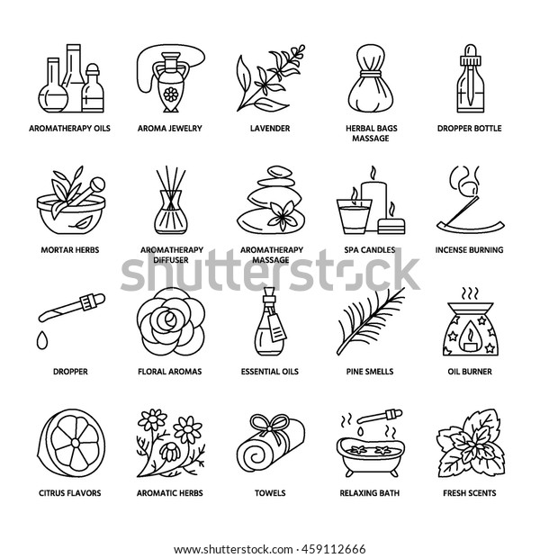 アロマセラピーと精油の現代のベクター画像ラインアイコン エレメント アロマセラピー拡散器 オイルバーナー スパキャンドル 線香 アロマセラピーサロン用に編集可能なストロークを持つ線形絵文字 のベクター画像素材 ロイヤリティフリー