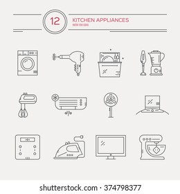 Modern vector line icons with different household appliances. Kitchen utensils and home gear.