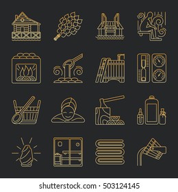 Modern Vector Line Icons with different sauna elements - sauna whisk, heater,bucket waterfall, lakeside jetty and others. Spa relaxation emblem. Sauna accessories symbols.