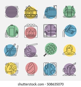 Modern Vector Line Icons with different sauna elements - sauna whisk, heater,bucket waterfall, lakeside jetty and others. Spa relaxation emblem. Sauna accessories symbols.