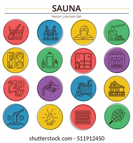 Modern Vector Line Icons with different sauna elements - sauna whisk, heater,bucket waterfall, lakeside jetty and others. Spa relaxation emblem. Sauna accessories symbols.