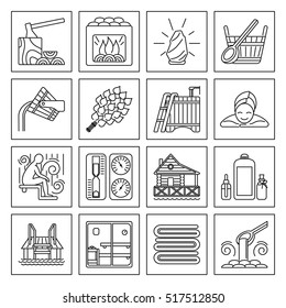 Modern Vector Line Icons with different sauna elements - sauna whisk, heater,bucket waterfall, lakeside jetty and others. Spa relaxation emblem. Sauna accessories symbols.