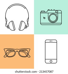 Modern vector line icons: hipster personal gadgets featuring fine headphones, retro looking photo camera, classic stylish glasses and smart phone