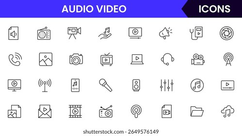 Modern vector line icons representing media tools, cameras, microphones, play buttons, and screens, perfect for digital content and broadcasting platforms.