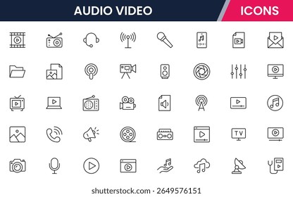 Modern vector line icons representing media tools, cameras, microphones, play buttons, and screens, perfect for digital content and broadcasting platforms.