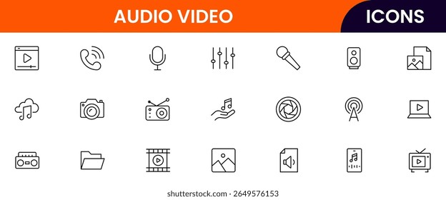 Modern vector line icons representing media tools, cameras, microphones, play buttons, and screens, perfect for digital content and broadcasting platforms.