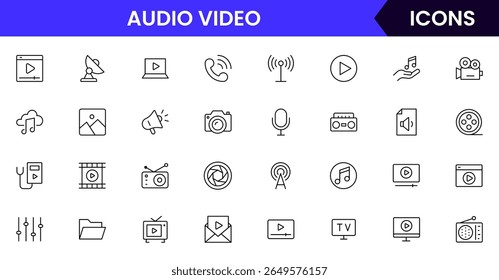 Modern vector line icons representing media tools, cameras, microphones, play buttons, and screens, perfect for digital content and broadcasting platforms.