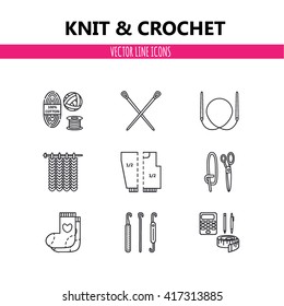 Modern vector line icons set of knitting and crochet elements - yarn, knitting needle, hook, pin and others. Outline symbol collection.