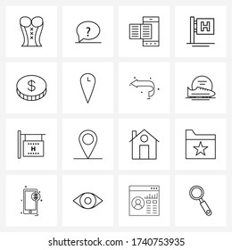 Ilustración moderna de la línea de vectores de 16 iconos simples de línea de moneda; signo; pregunta; hospital; Ilustración de vectores en línea