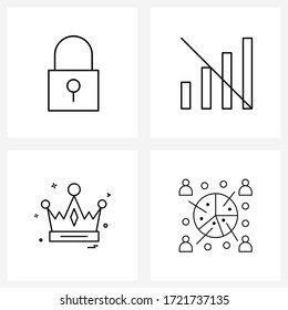 Modern Vector Line Illustration of 4 Simple Line Icons of key; crown; security; offline; kingdom Vector Illustration