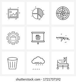 Modern Vector Line Illustration of 9 Simple Line Icons of house; settings; pie chart; intelligence; business Vector Illustration