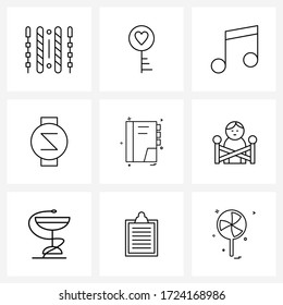 Modern Vector Line Illustration of 9 Simple Line Icons of learning; reading; multimedia; book; clock Vector Illustration