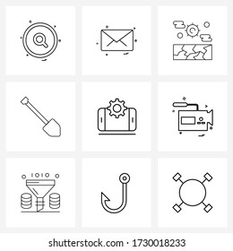 Ilustración moderna en línea vectorial de 9 iconos de línea simples de móvil; pala; conversación; India; ilustración vectorial de cowboy