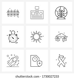 Ilustración moderna de la línea de vectores de 9 iconos simples de línea de la naturaleza; sol; mundo; cronómetro; Ilustración de vectores de juegos