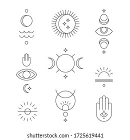 Modern vector line symbol set made in Tribal style. Collection of 9 geometric line art design elements. Isolated on white background.
