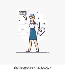 Modern vector linear illustration of stewardess holding tray isolated over a background