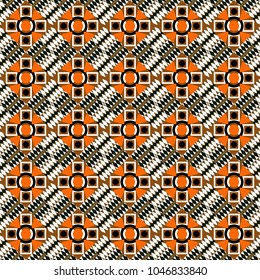 Modern vector linear ornament. Regularly repeating tiles grids with brown, white and black dots, polygons, hexagons, rhombuses, difficult polygonal outline shapes. Stylish geometric seamless pattern.