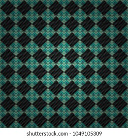 Modern vector linear ornament. Regularly repeating tiles grids with black, blue and green dots, polygons, hexagons, rhombuses, difficult polygonal outline shapes. Stylish geometric seamless pattern.